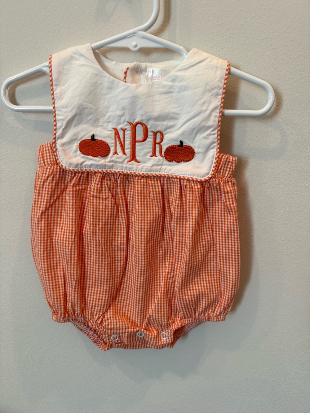 Cecil and Lou Boys 3M Pumpkin Monogram Orange Gingham Bubble Romper